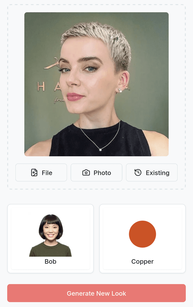 Demo picture of the hairflip app - choosing a style and hair colour