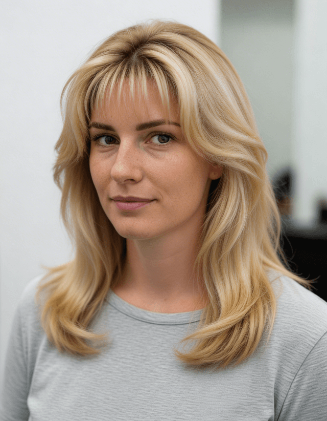 A person with a The Farrah hairstyle