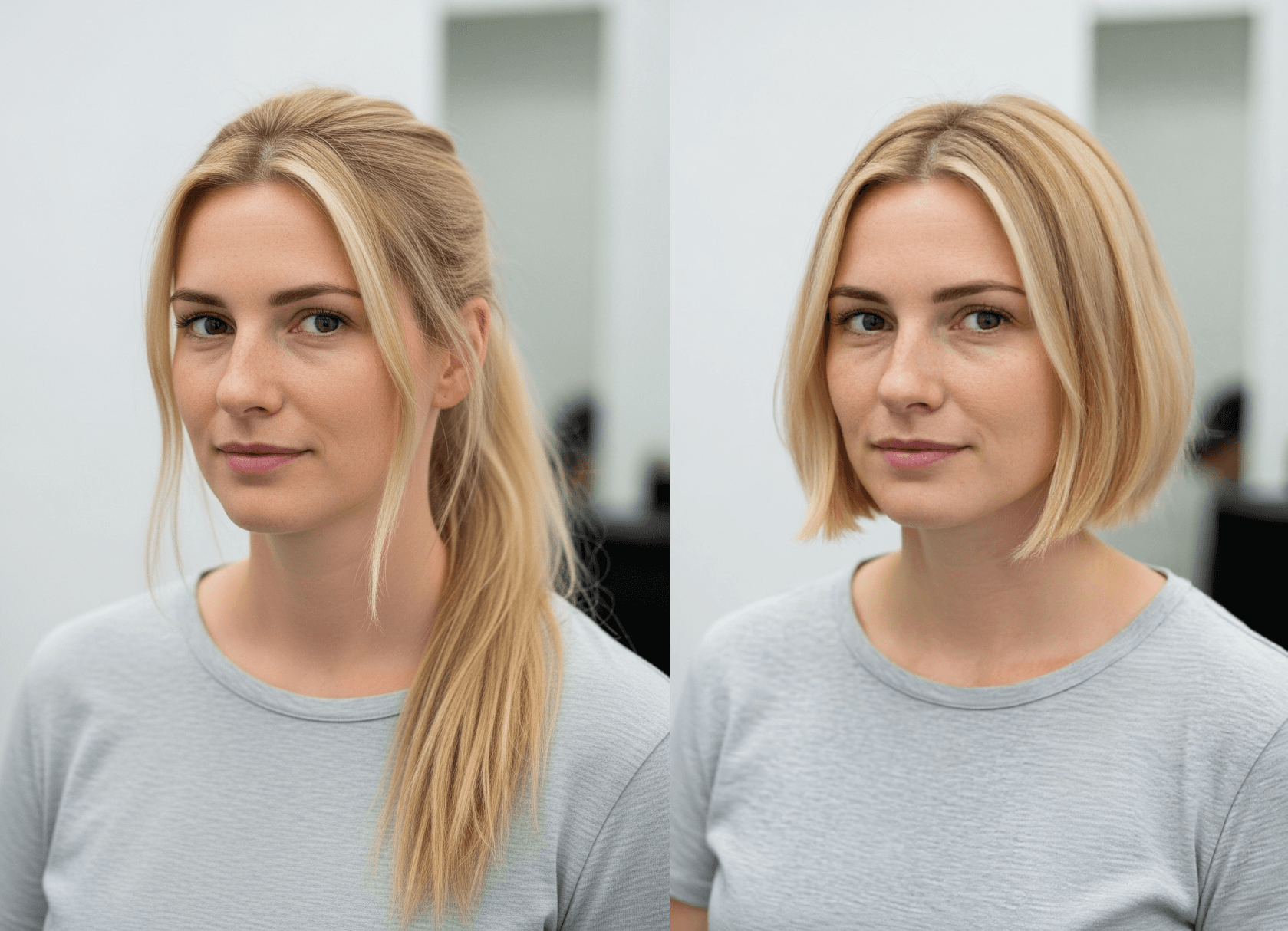 A before and after picture of a Woman with long blond hair, that is flipped into a Bob